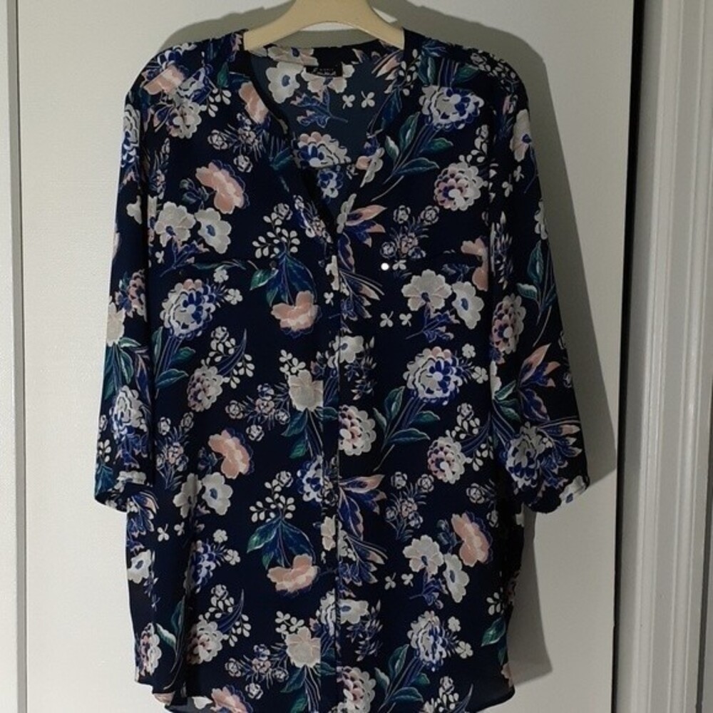 Simply Emma shirt women's 3x navy blue floral print blouse 3/4 sleeve tunic top